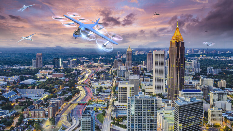 A futuristic cityscape shows flying vehicles over a highway and tall buildings at sunset. Multiple aircraft are navigating the sky.