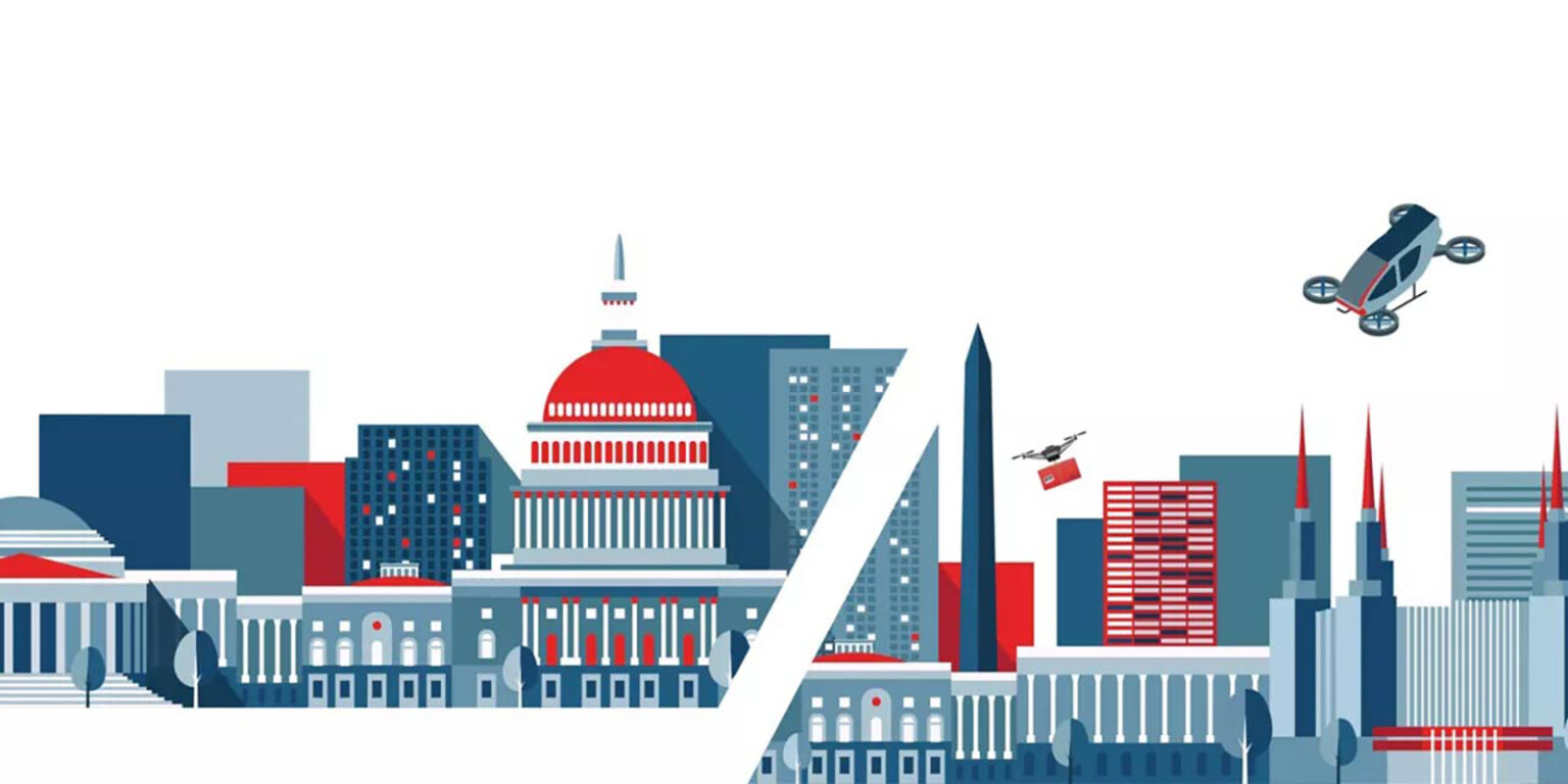 Illustration of a cityscape featuring landmarks like the U.S. Capitol, Washington Monument, and various modern buildings, with drones flying in the sky.