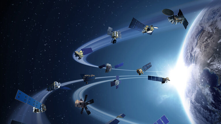 A collection of satellites orbiting Earth against a backdrop of space with distant stars and the sun emerging from Earth's horizon.