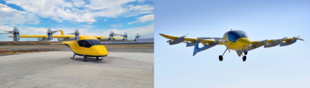 A yellow and white electric aircraft with multiple propellers shown on the ground (left) and in flight (right) under a partly cloudy sky.