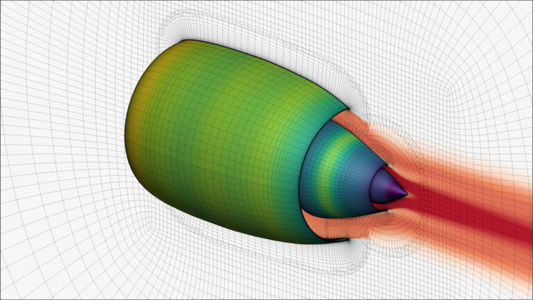 A 3D computational fluid dynamics simulation shows airflow around an aerodynamic shape, with colorful gradient layers and grid lines illustrating pressure and velocity distribution.