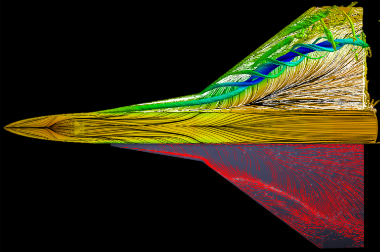 Visualization of airflow around an aerodynamic object showing streamlines, vortices, and turbulent flow, using a color gradient to represent different flow characteristics.