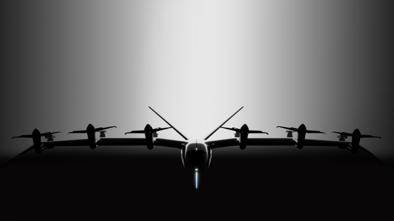 Silhouetted front view of a futuristic aircraft with multiple propellers and sleek design against a gradient background.