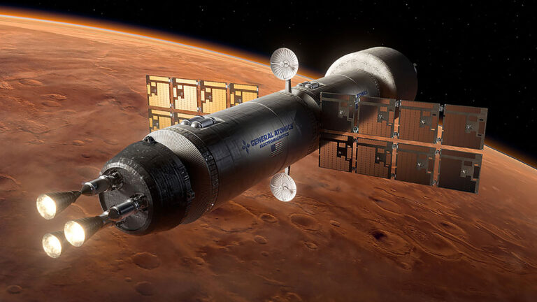 Nuclear rocket redux A spacecraft with solar panels and thrusters is orbiting Mars, with the planet's surface visible in the background.