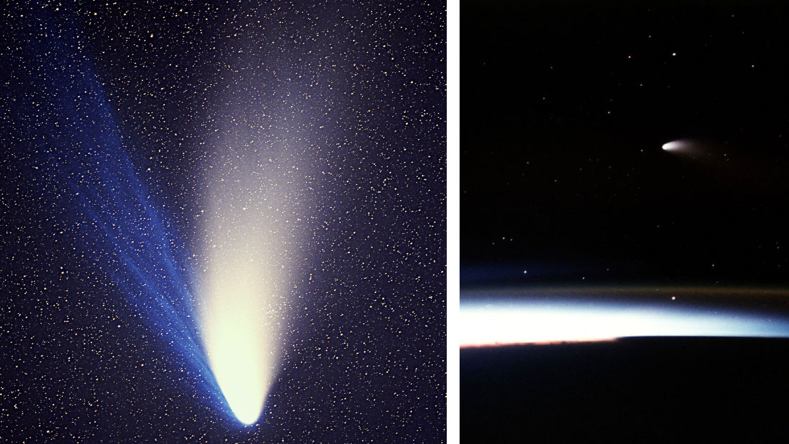 Two images of comets: the left one shows a comet with a bright tail against a starry sky, and the right one shows a comet with a faint tail against a dark sky and Earth's horizon.