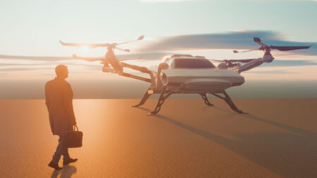 A person carrying a briefcase approaches a futuristic flying car with large propellers, set against a backdrop of a sunset sky.