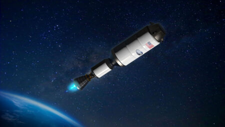 Spacecraft with United States and NASA decals propels through space, illuminated by a blue glow from its engine, with Earth and stars visible in the background.