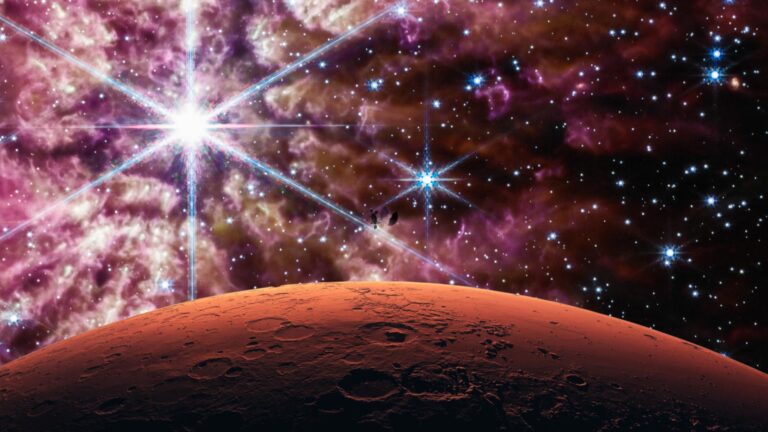 A rocky planetary surface with deep craters is shown in the foreground, while a vivid, colorful cosmic nebula filled with stars and bright celestial objects dominates the background.