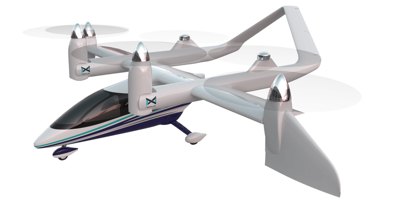 A white and blue electric VTOL aircraft with four sets of rotors, two on each wing, is shown against a plain background.