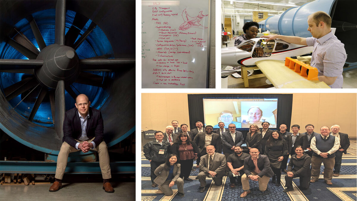 A collage featuring a man seated in front of a wind tunnel, students working on an aircraft model, a whiteboard with notes, and a group photo of professionals with a video call in a conference room.