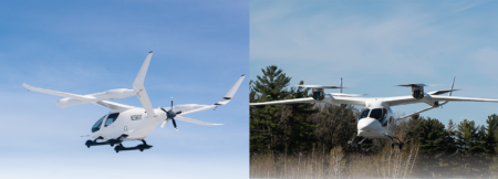 Side-by-side images of a white tiltrotor aircraft in flight on the left and another similar aircraft with a triple-rotor system hovering near the ground on the right.