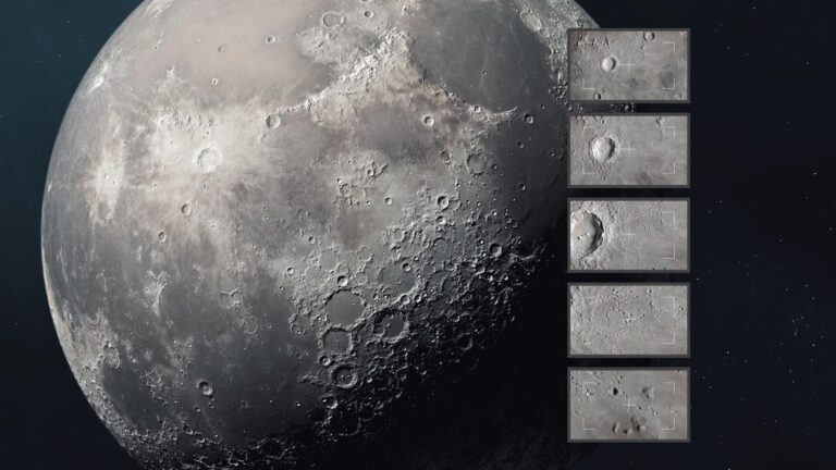 A detailed image of the Moon's surface showing craters and terrain, with a vertical sequence of zoomed-in sections on the right side highlighting specific areas.