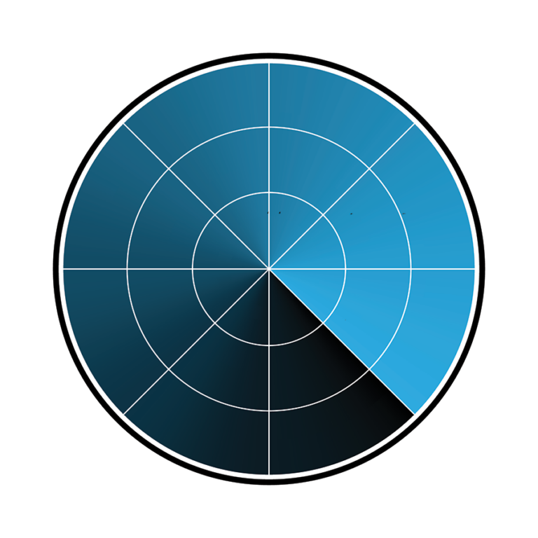 A circular radar screen with grid lines and a rotating scanning line. The screen background is shaded with different blue tones, indicating a 360-degree sweep with one darkened sector.