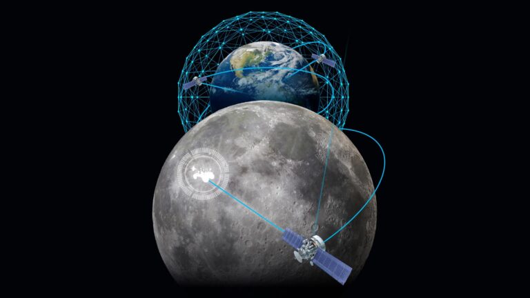Illustration of Earth and Moon with satellites, depicting global communication and connectivity with a network of lines around Earth and satellite links to the Moon.