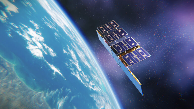 A satellite with solar panels orbits above Earth, with the planet's surface in the background and space surrounding it.
