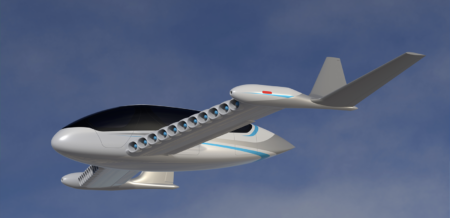 A white futuristic aircraft with multiple jet engines along its wings is flying in a clear blue sky.