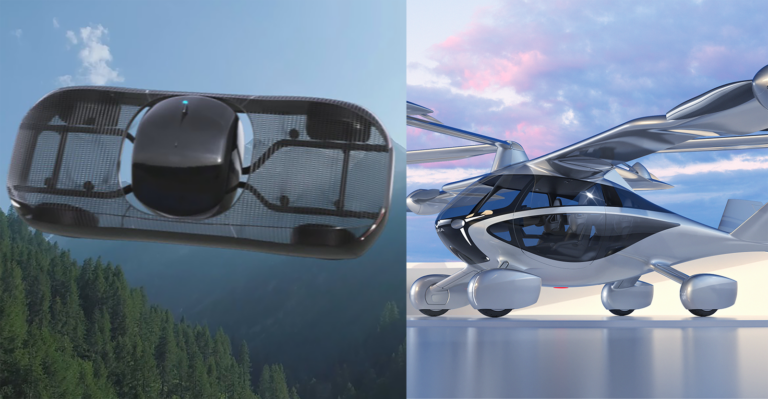 The image shows two futuristic flying vehicles. The left side features a black drone-like device hovering over a forest, while the right side displays a sleek, silver aircraft with extended wings on a tarmac.