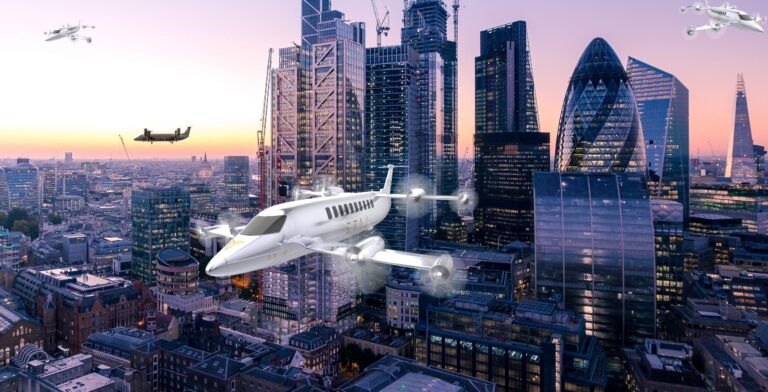 Futuristic aircraft are flying among skyscrapers in a modern cityscape at sunset, with drones hovering in the background.