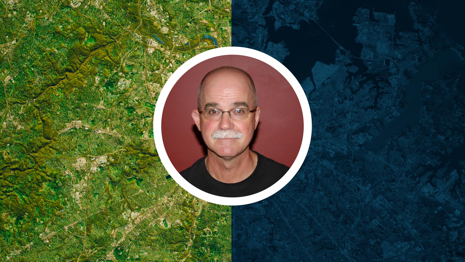 A man with glasses and a mustache is centered in a circular frame. The background is a split map, showing a vibrant green topographic view on the left and a darker, city map on the right.
