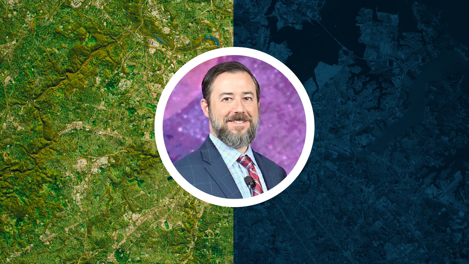 A headshot of a man in a suit and tie is centered over a split background, with a detailed green map on the left and a darker, less detailed map on the right.