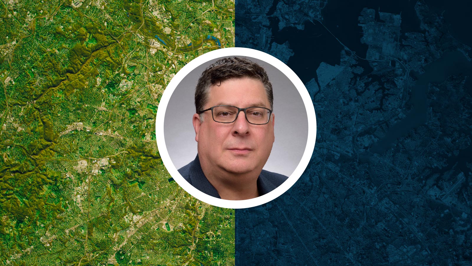 A man wearing glasses is pictured inside a circular frame overlaid on a satellite image that transitions from a vibrant green landscape to a dark colored one.