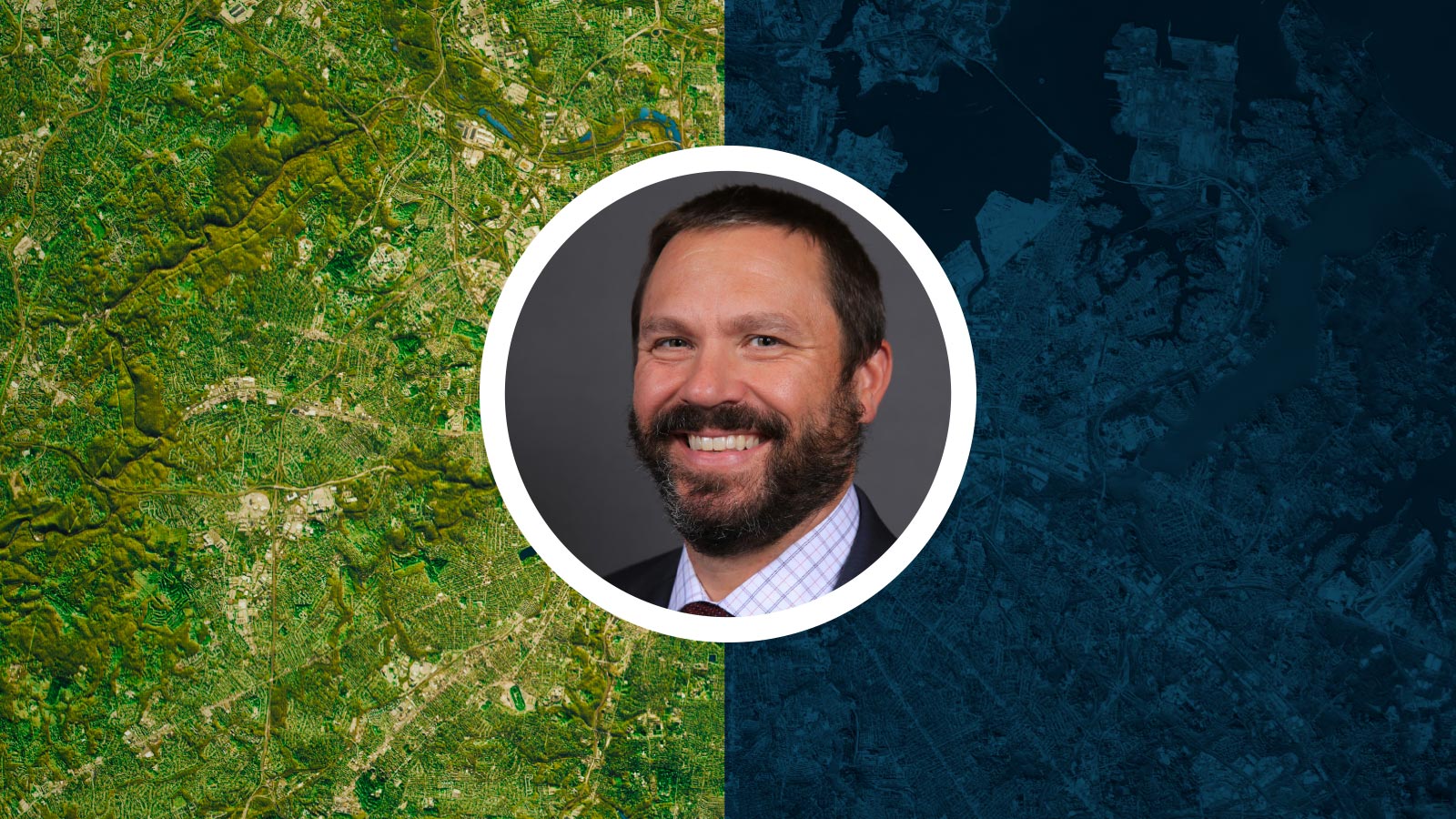 A man's portrait in a white circular frame is centered on a split background that consists of a green terrain map on the left and a dark blue map on the right.