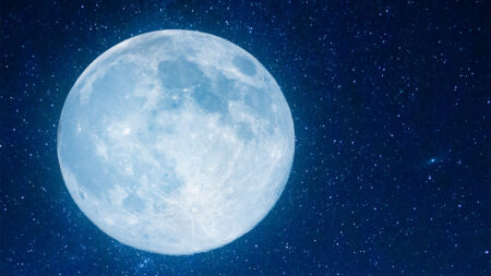 A large, bright full moon against a dark, star-filled night sky.