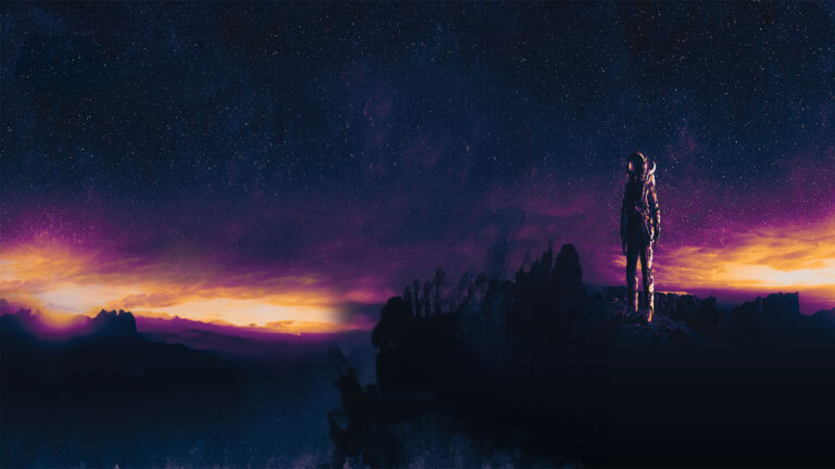 An astronaut stands on the edge of a dark, rocky landscape against a backdrop of a starry night sky with shades of purple and orange hues at the horizon.
