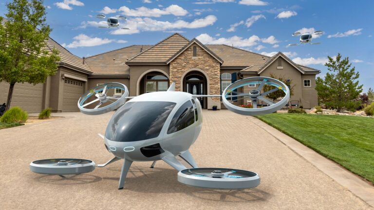 A futuristic house with a large drone-like flying vehicle on the driveway and two similar airborne vehicles in the sky.