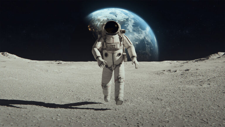Astronaut in a spacesuit walking on the moon's surface with Earth visible in the background against a dark sky.