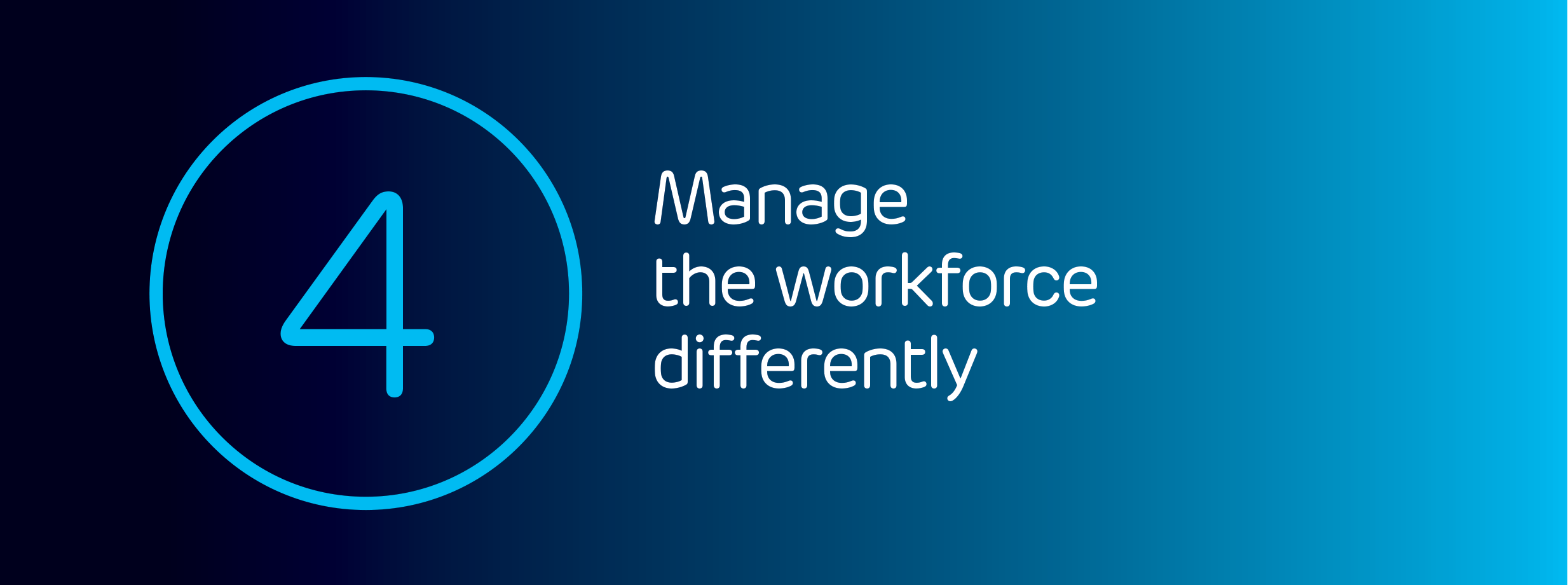 A blue gradient background with a large number 4 inside a circle and the text "Manage the workforce differently" next to it.