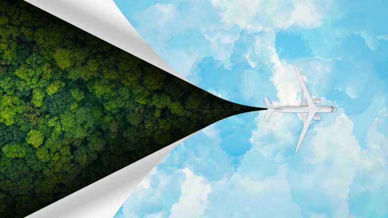 An airplane flying amidst clouds appears to peel back the sky, revealing a lush green forest underneath.