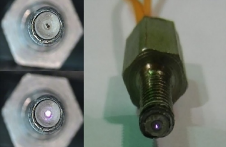 Three images of a small metal sensor with a hexagonal base and a threaded tip. Two images show the top view; one shows a side view with attached wires.