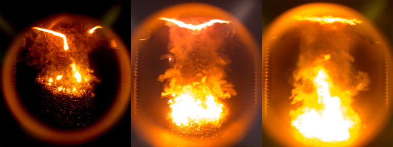 University experiments lead to breakthroughs in combustion, development of customized propellants Three images depict a fiery explosion with flames and smoke intensifying from left to right.