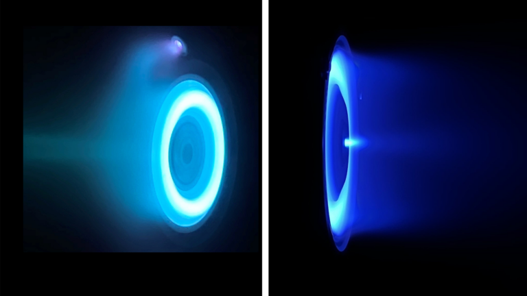 Two images side by side of a glowing blue electroluminescent object or device in a dark setting, emitting light in a ring-like and conical shape respectively.