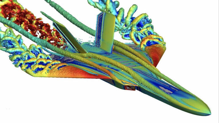 Computer simulation of an aircraft with colorful aerodynamic streamlines and vortices illustrating airflow patterns around the wings and body of the plane.