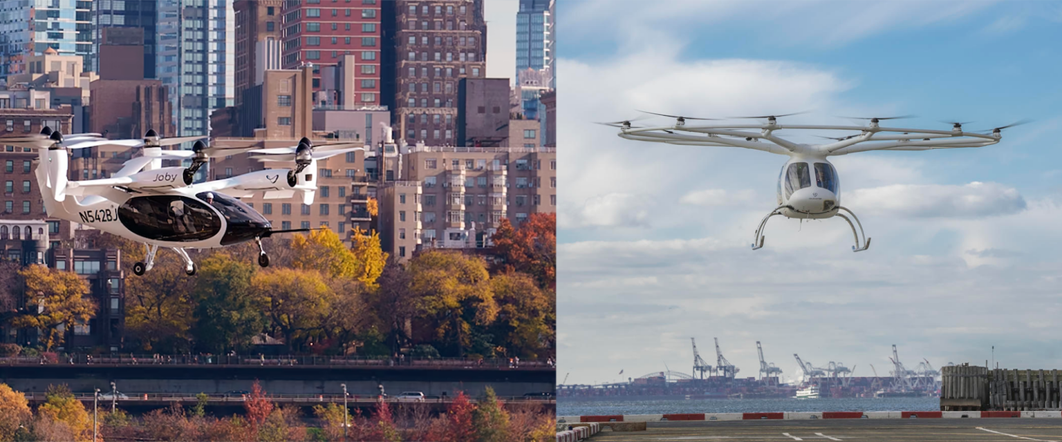 Two aerial vehicles, one black and white in an urban setting, and the other white in a harbor area, flying over landscapes with buildings and cranes in the background respectively.