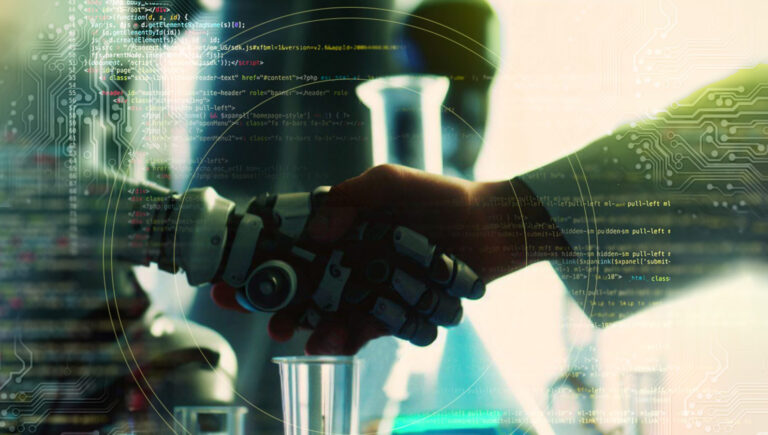 A robot hand and a human hand shake over a laboratory setting with digital code overlayed.