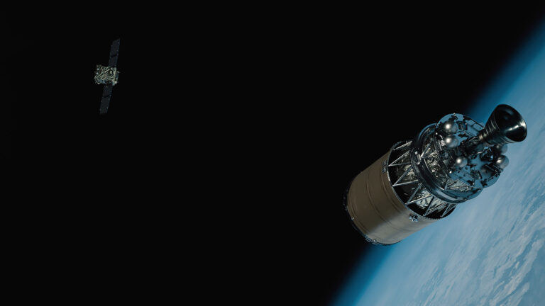 A spacecraft and a satellite are seen in space, with a view of Earth in the background. The spacecraft is cylindrical with a conical engine, while the satellite has solar panel wings.