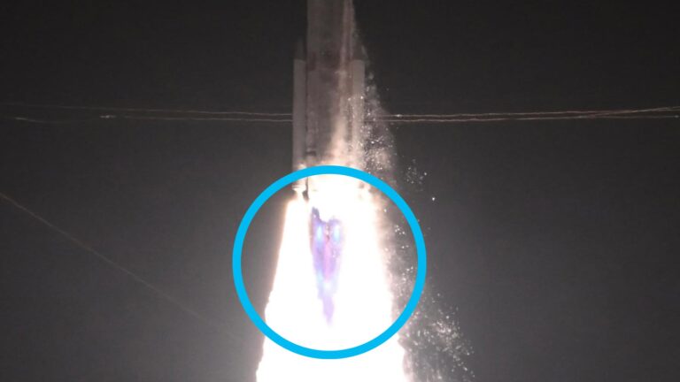 A rocket launch is captured at night, with flames and smoke visible. A blue circle highlights a specific area on the rocket.