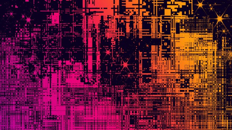 An abstract digital art piece with a colorful gradient of pink, purple, orange, and black, resembling a circuit board with intricate patterns and star-like sparkles.