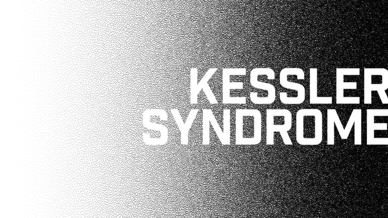 Text reading "Kessler Syndrome" is displayed on a gradient background transitioning from white on the left to black on the right.