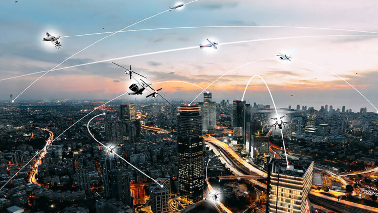Aerial view of a city at sunset with various drones and helicopters flying, connected by white lines representing communication or flight paths. Skyscrapers and traffic below are illuminated.