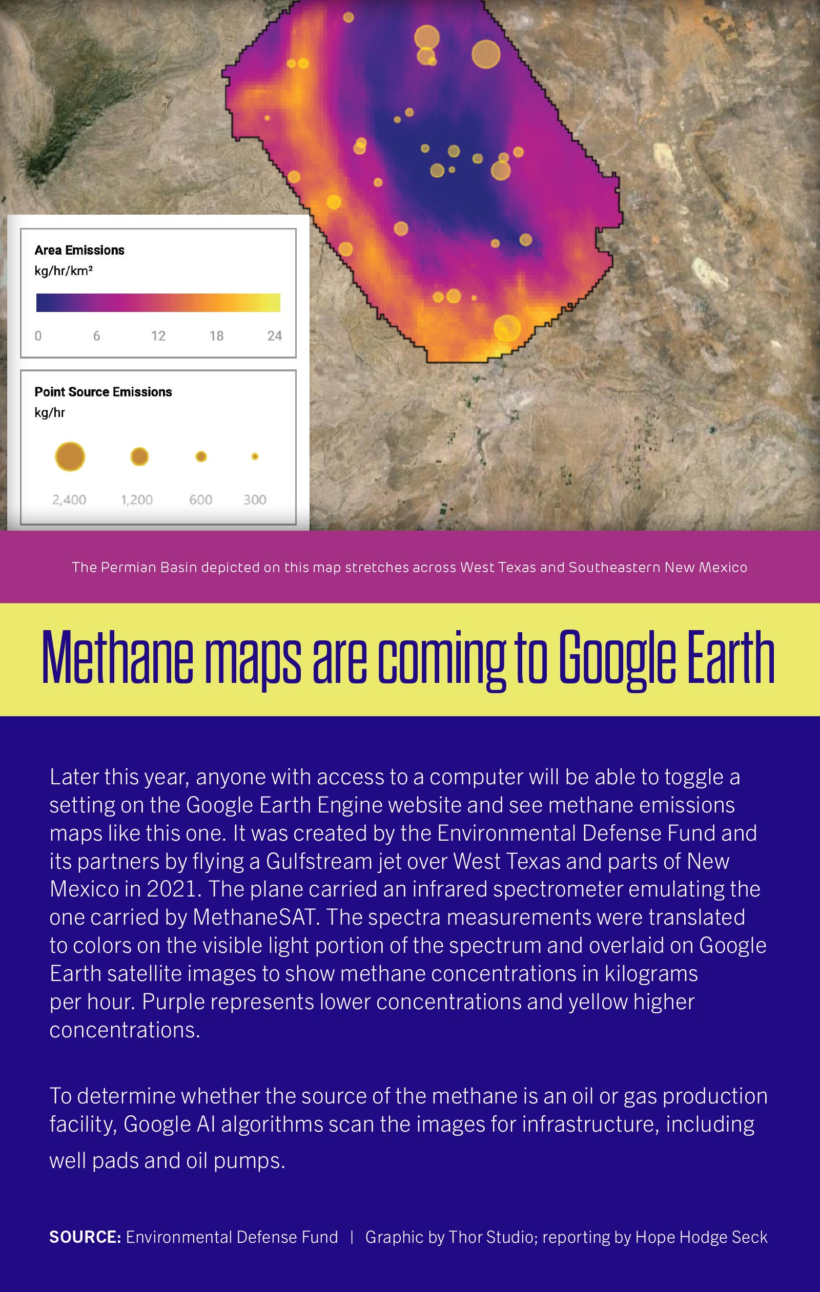 A map showing area and point source methane emissions in the Permian Basin in West Texas and Southeastern New Mexico. The image is accompanied by text about methane maps coming to Google Earth.
.