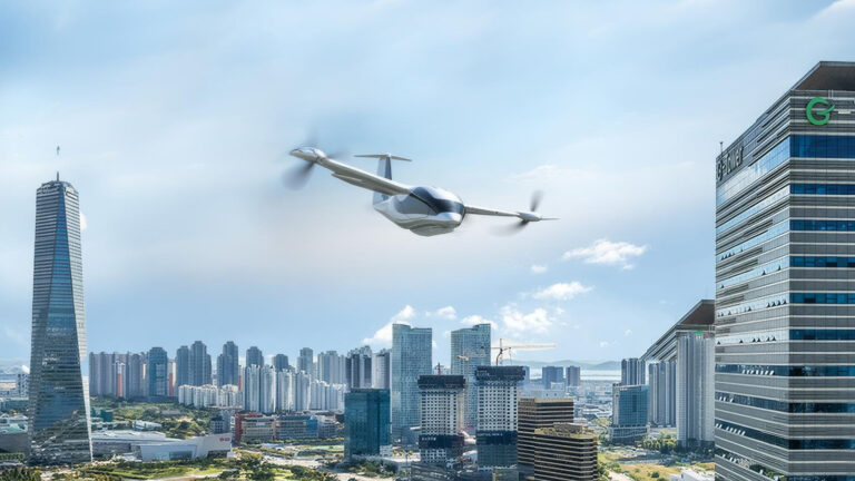 Air taxi flying over city