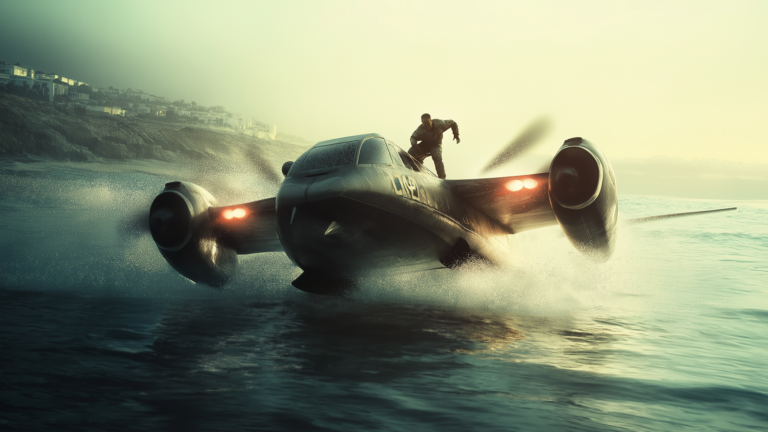 A person is running on top of a futuristic aircraft above a body of water near a coastal city during sunset.