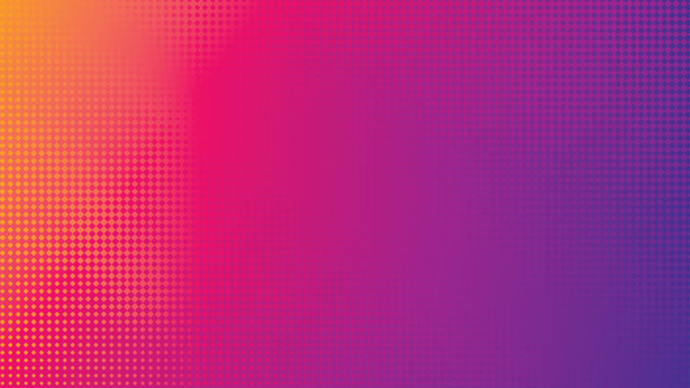 Abstract gradient background transitioning from orange to purple with a halftone dot pattern.
