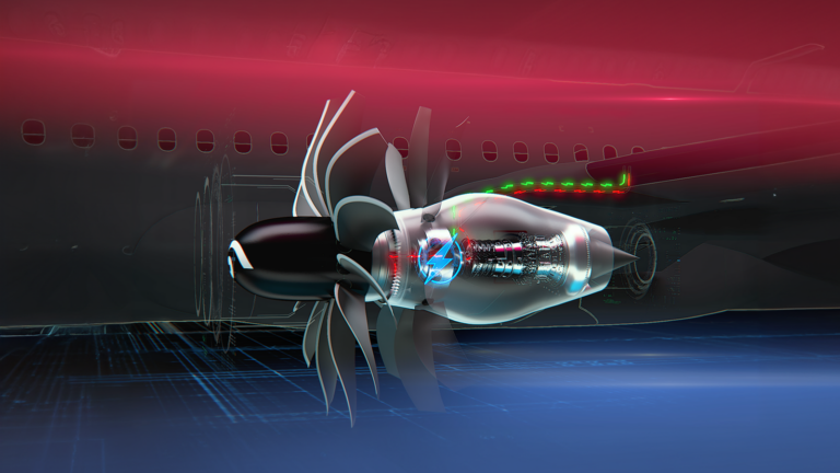 Illustration of a futuristic aircraft engine with visible inner components and a glowing blue emblem, mounted on a plane's wing, set against a red and blue gradient background.