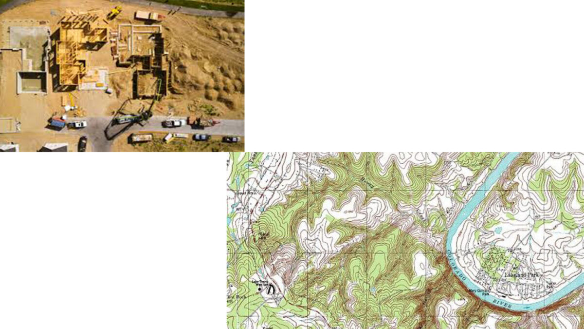 Aerial view of a construction site with unfinished buildings alongside a topographic map depicting terrain and a river.