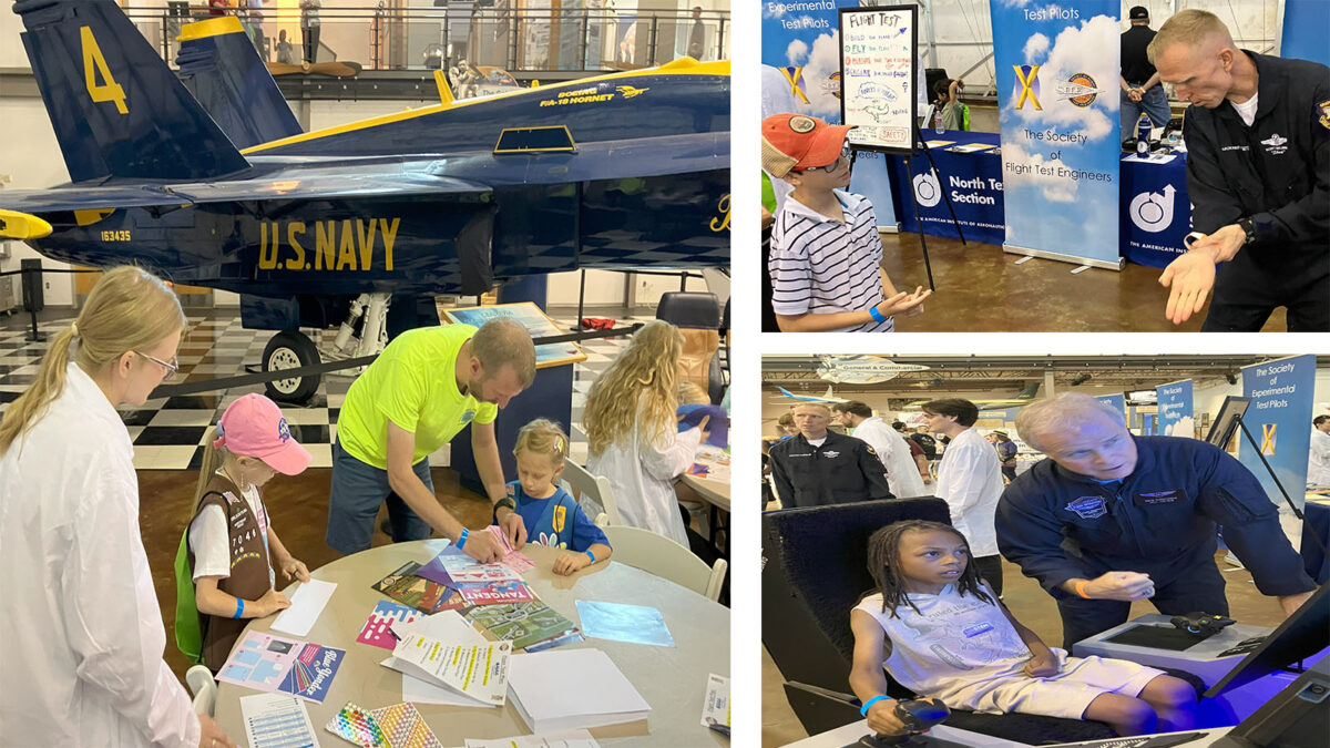 Collage showing children participating in educational activities at an event, with a U.S. Navy plane in the background and Navy personnel engaging with attendees in various interactive displays.